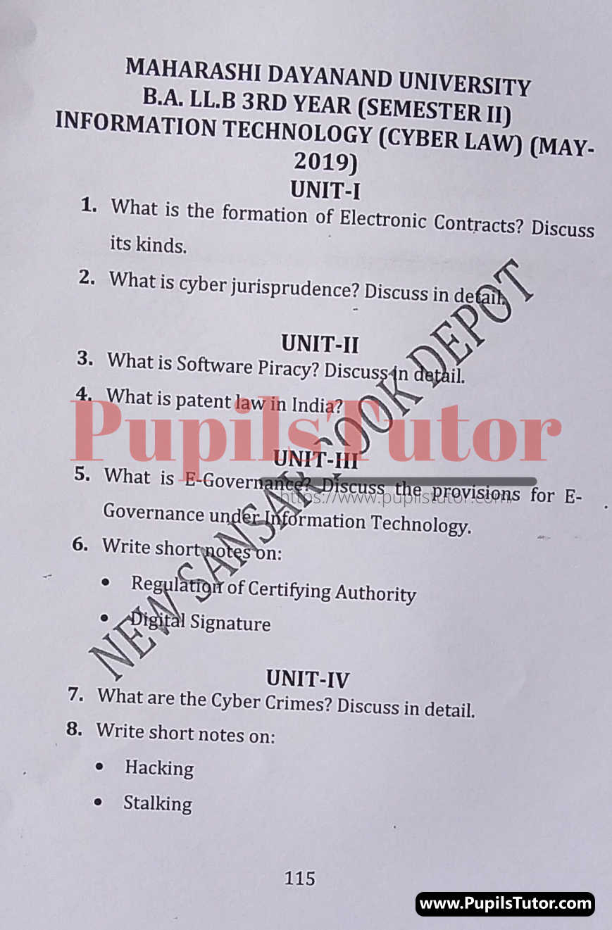 MDU (Maharshi Dayanand University, Rohtak Haryana) LLB Regular Exam (Hons.) Second Semester Previous Year Cyber Law Question Paper For May, 2019 Exam (Question Paper Page 1) - pupilstutor.com