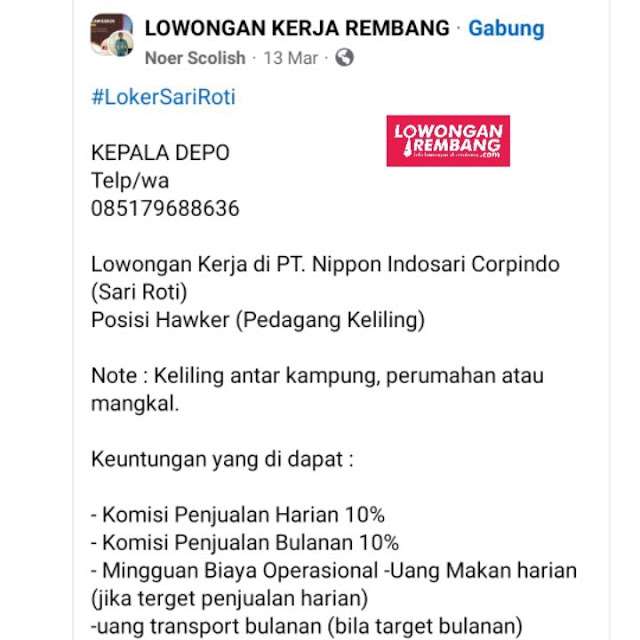Lowongan Kerja Pegawai Pedagang Keliling Sari Roti PT Nippon Indosari Corpindo Rembang Tanpa Syarat Ijazah