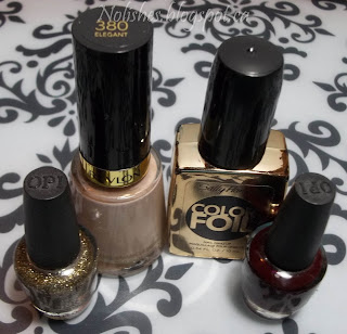 OPI 'All Sparkly and Gold', Revlon 'Elegant', Sally Hansen Color Foil 'Liquid Gold', and OPI 'Visions of Love'