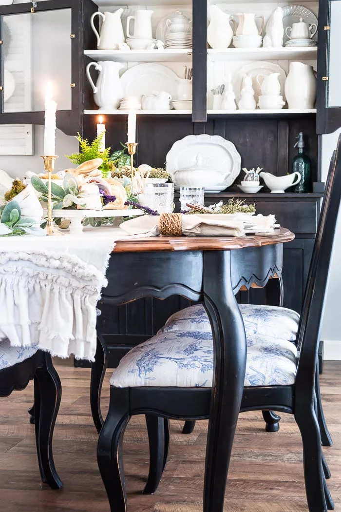 black dining room hutch, French Provincial table set for Spring