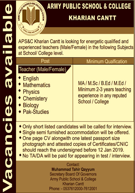 Army Public School & College Kharian Cantt Latest Jobs 2019
