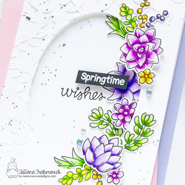 Springtime Wishes Card by Tatiana Trafimovich | Succulent Garden Stamp Set, Tulips Stamp Set, Trailing Leaves Stencil and Oval Frames Die Set by Newton's Nook Designs #newtonsnook #handmade