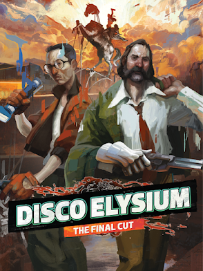 Disco Elysium Final Cut title is displayed in the bottom middle of the of the image. On the cover there are two men, the man of the left is a lanky individual with glasses and is holding a blue flashlight, that is on in his one hand and one can barely see him holding his service pistol in the other. The other man is more burly build and with mutton chops, he has swung his jacket over his one shoulder and on the other hand is wearing an armoured glove and his service pistol in view. Behind them is a man holding a bottle in the air while standing on a statue with a rider and a horse head that is broken.