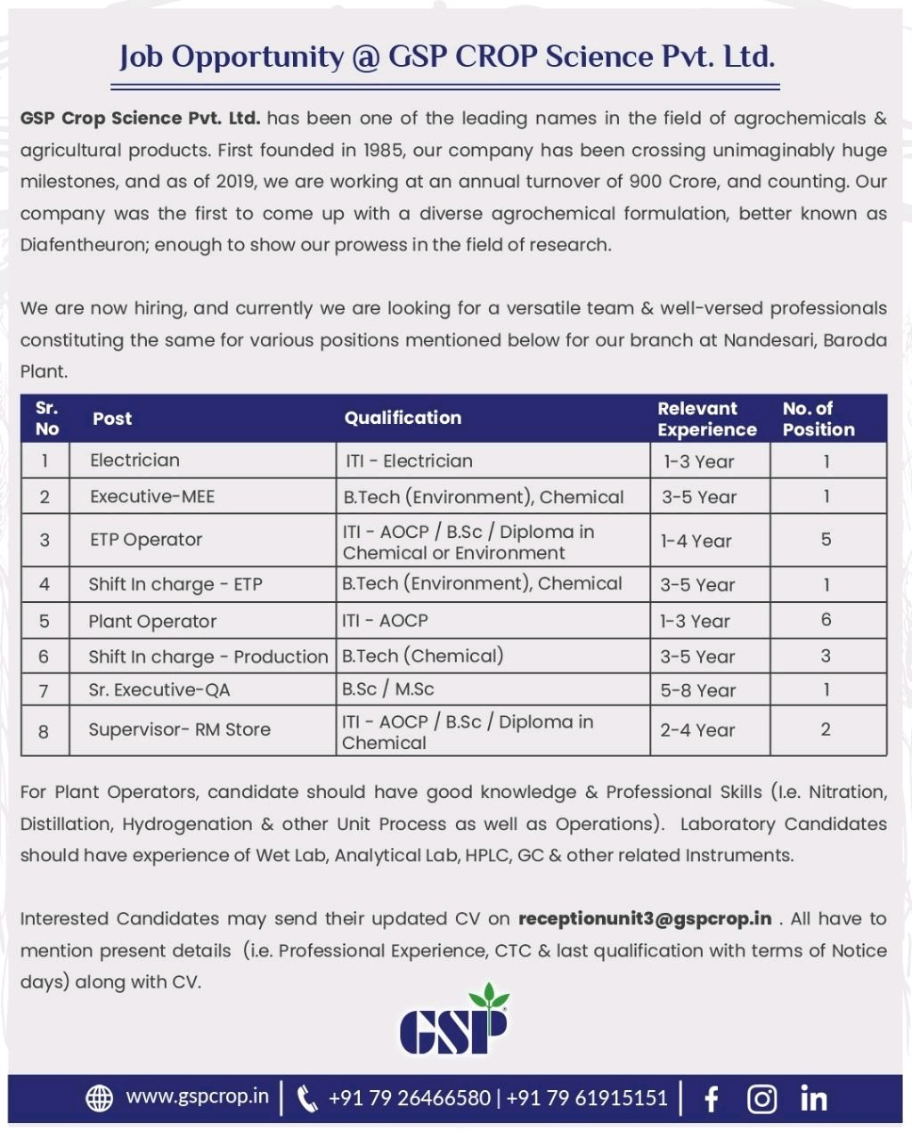 Job Availables, GSP Crop Science Job Vacancy For Production/ MEE/ ETP/ QA/ Store / Electrical - Multiple Opening