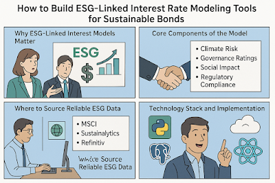 Four-panel comic explaining ESG-linked interest rate modeling for sustainable bonds. Panel 1: Professionals discussing the importance of ESG metrics. Panel 2: Handshake symbolizing model components like climate risk and governance. Panel 3: Analyst listing ESG data sources including MSCI and Sustainalytics. Panel 4: Developer pointing at tech stack logos like Python, PostgreSQL, React, and cloud."