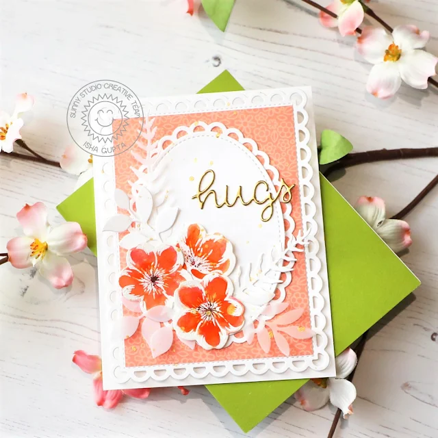 Sunny Studio Stamps: Cherry Blossoms Card by Isha Gupta (featuring Spring Greenery, Scalloped Oval Mat Dies, Stitched Oval Dies, Frilly Frame Dies)