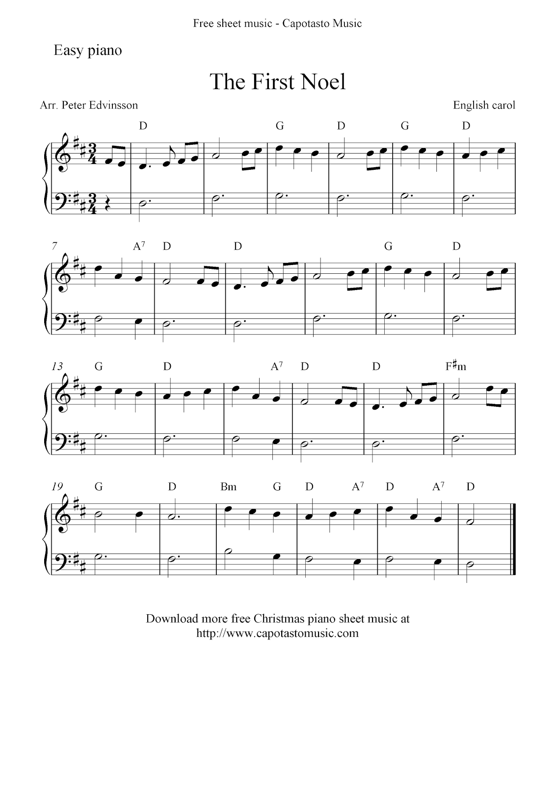 Easy free Christmas sheet music for piano, The First Noel