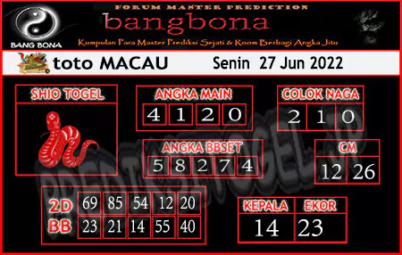 Prediksi Bangbona Toto Macau Senin 27 Juni 2022