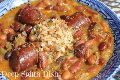 A mix of kidney beans with pintos, chili seasonings and browned, smoked sausage, served over rice.