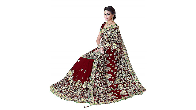 SOURBH Women's Faux Georgette Heavy Hand Work Embroidery BridalWedding Wear Saree (2386_Maroon)