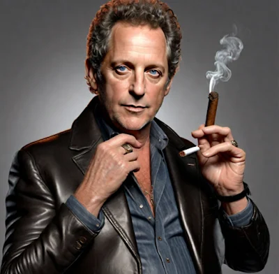 Lindsay Buckingham from Fleetwood Mac wearing a black leather blazer and holding a cigarette and a cigar from the chest up