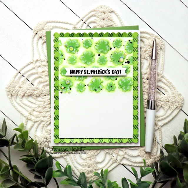 Happy St. Patrick's Day Card for Newton's Nook Designs by Larissa Heskett using Shamrock Hot Foil Plate, Newton's Lucky Clover Stamp Set, Banner Duo Die Set, Frames & Flags Die Set and Meowy Christmas Patterned Paper