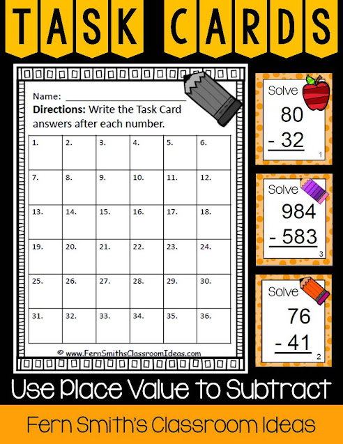 Teaching How to Use Place Value to Subtract Including Lesson Plans, Centers, Task Cards, Color By Numbers & More Resources. #FernSmithsClassroomIdeas