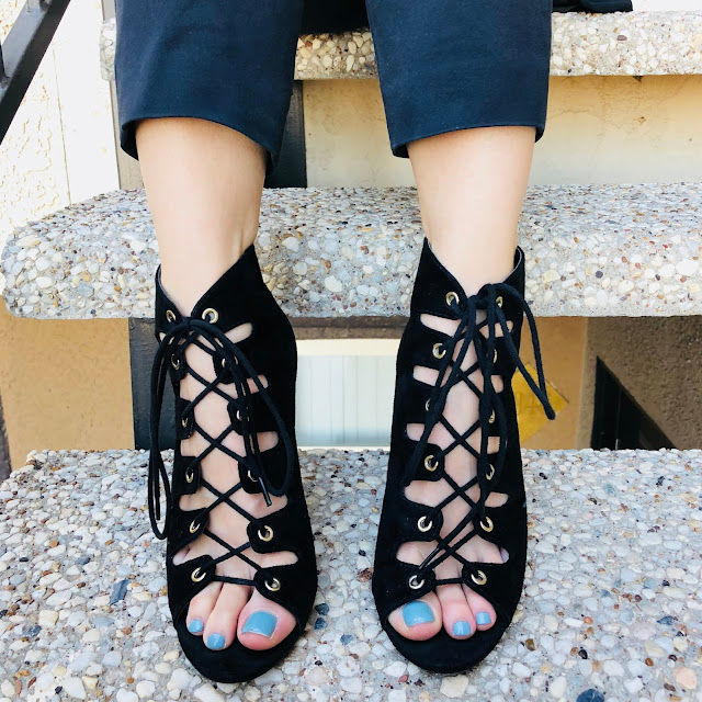 I Wore The Same Outfit For A Week And No One Noticed- Black lace up high heels from Charlotte Rousse 