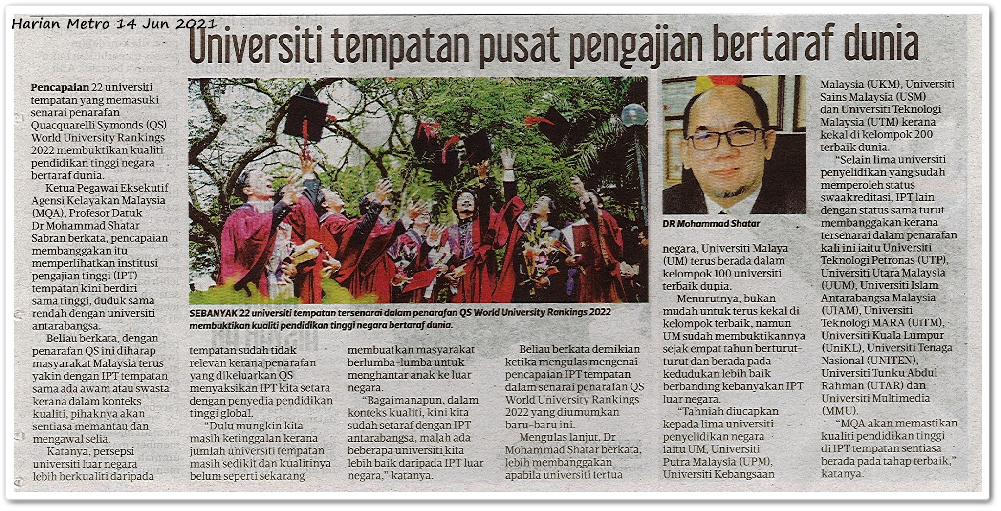 Universiti tempatan pusat pengajian bertaraf dunia - Keratan akhbar Harian Metro 14 Jun 2021