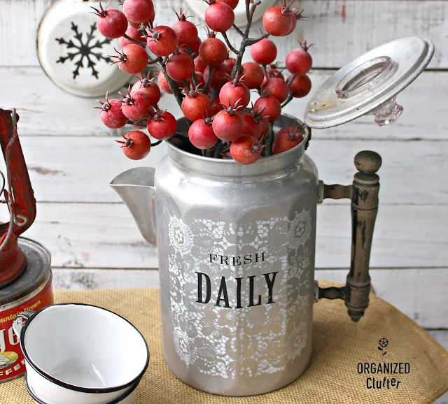 Upcycled Vintage Coffee Pot and Enamelware Decor Ideas #upcycle #coffeepots #enamelware #graniteware #vintage #stencil #oldsignstencils #imagetransfers #containergarden #holidaydecorating