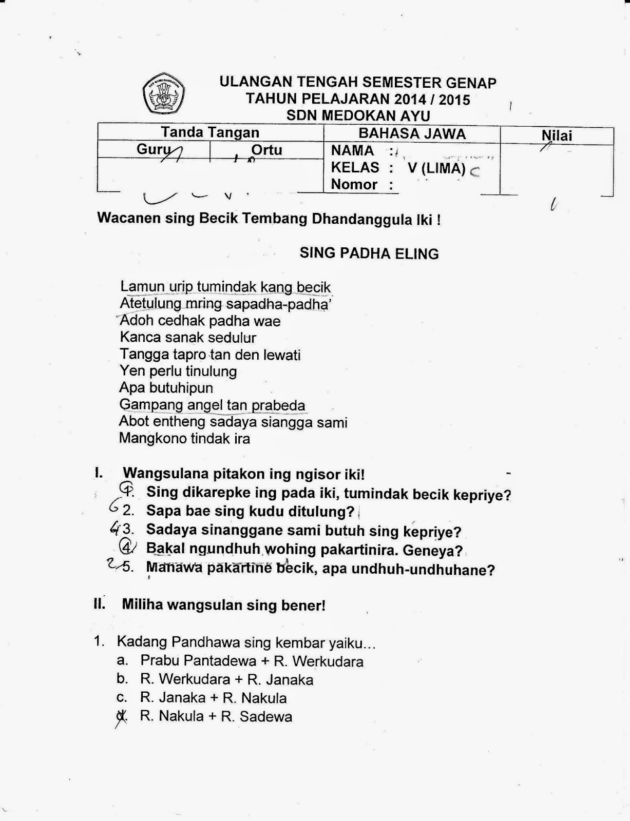 Bahasa Jawa Kelas 5 SD TA 2014 2015 Semester Genap