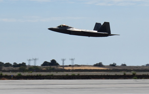 The F-22 Raptor takes off from the runway to begin its demo at the Miramar Air Show in San Diego, CA...on September 24, 2022.