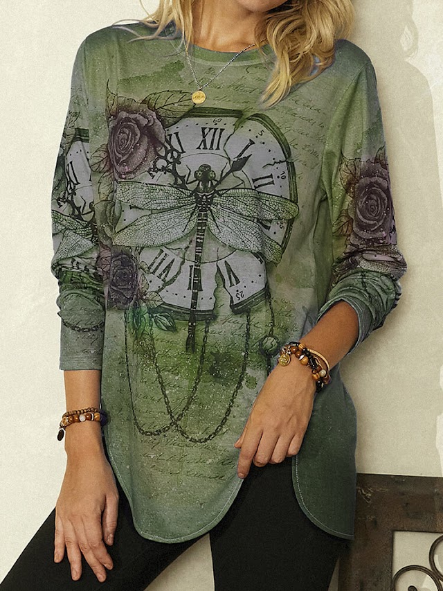 Vintage Printed Long Sleeve O-neck Asymmetrical Blouse For Women