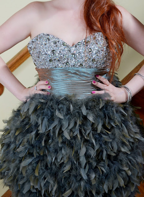 prom dress with jeweled sweetheart neckline and feather skirt, Patricia South Bridal, Prom, Prom Dress, Katie Scarpati, Mary Scarpati, Miami Bloggers, South Florida Bloggers, Twin Bloggers, Blog, Blogger, Beauty Blogger, How To Style, Prom Dress Fashion, Fashion, Fashion Blogger, Fashion Blog, Style, Twin Vogue, Red Hair,