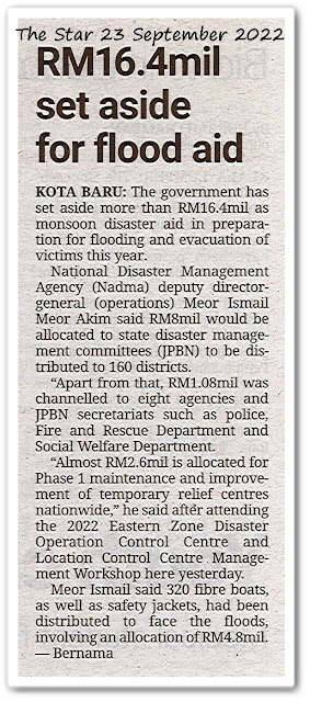 RM16.4mil set aside for flood aid - Keratan akhbar The Star 23 September 2022