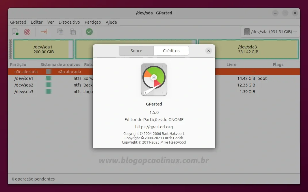 GParted executando no Ubuntu 23.10 (Mantic Minotaur)