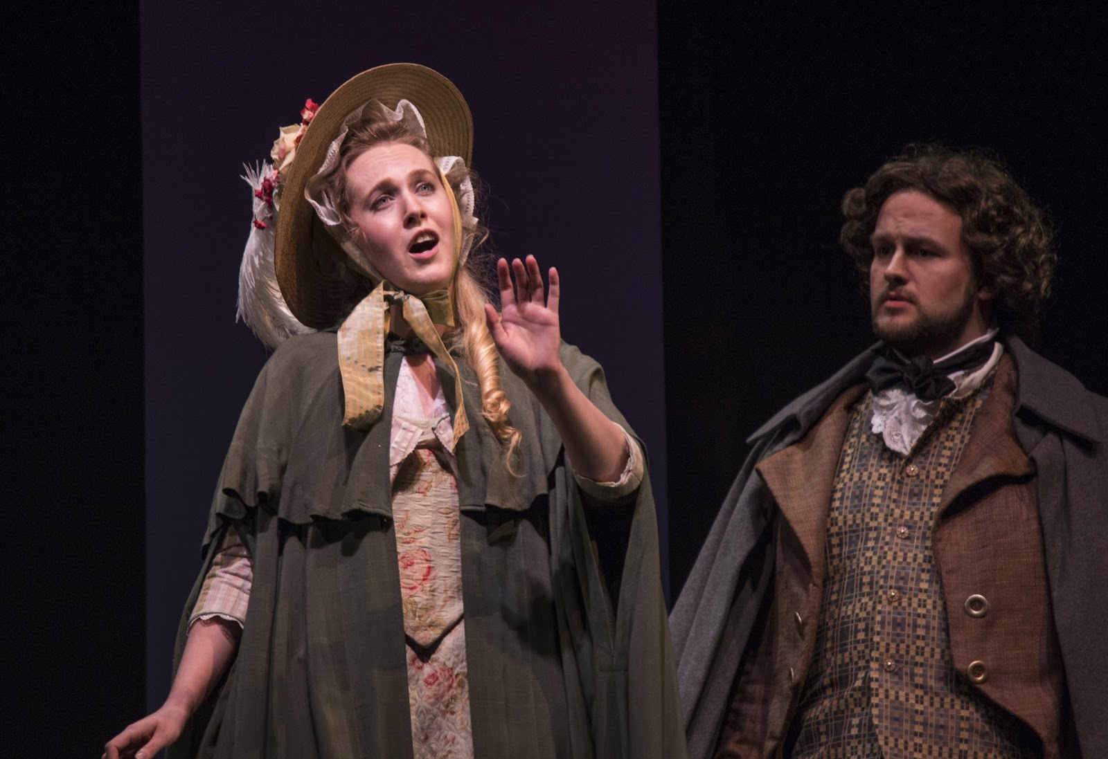 IN PERFORMANCE: Soprano ASHLEY OLIVEIRA as Blanche de la Force (left; performing on 8 April) and tenor DEREK JACKENHEIMER as the Chevalier de la Force (right) in UNCG Opera Theatre's production of Francis Poulenc's DIALOGUES OF THE CARMELITES, April 2016 [Photo by Rachel Anthony, © by rayphotographyco.com]