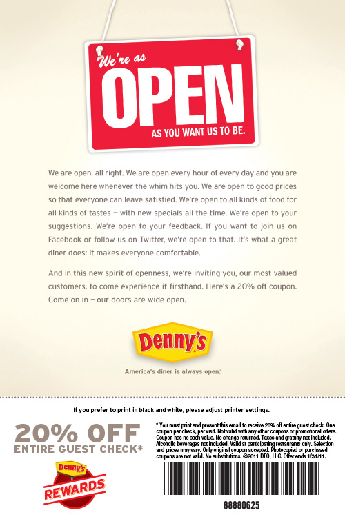 Together We Save: Denny’s: 20% Savings Printable Coupon