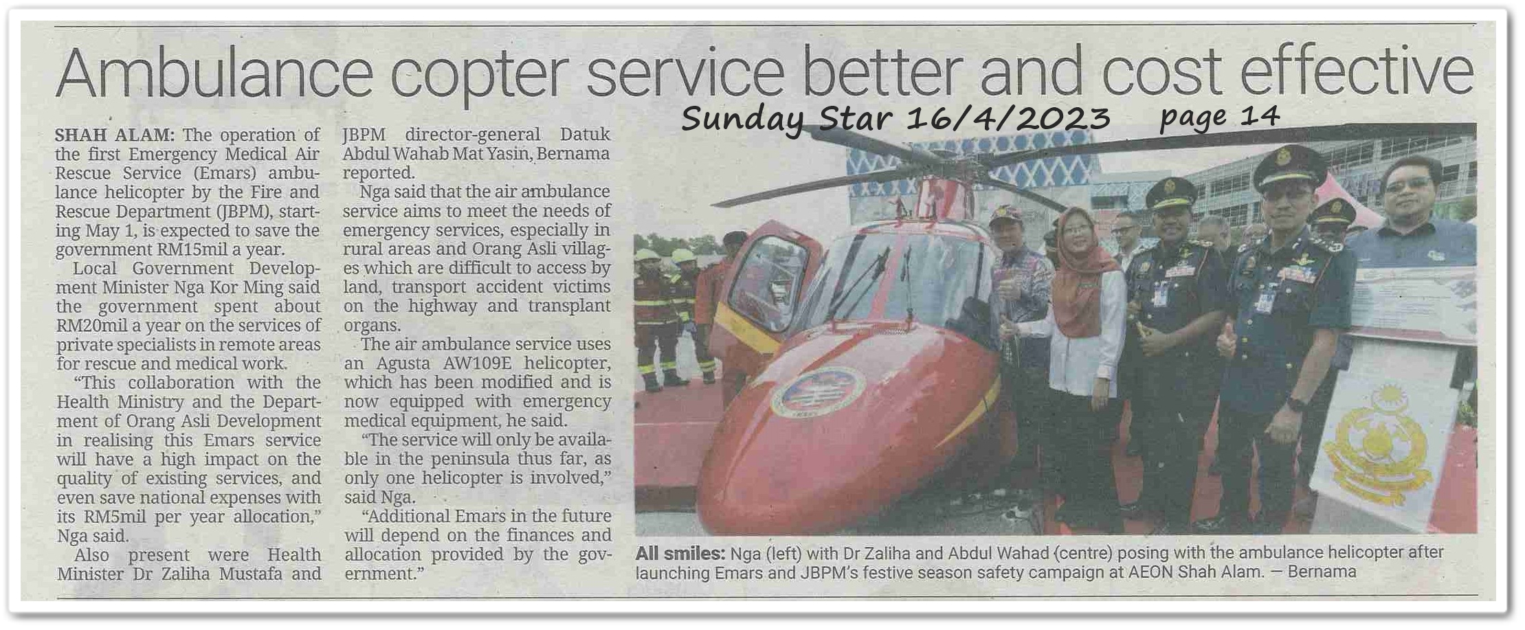 Ambulance copter service better and cost effective - Keratan akhbar Sunday Star 16 April 2023