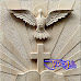 Relief ukiran timbul burung merpati, salib dan buku simbol kristen yang bercahaya