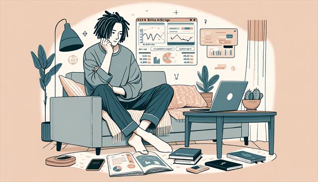 A simple, minimal style illustration in pastel colors featuring a casual-dressed Japanese man with dreadlocks. This scene captures a relaxed Saturday spent researching for online arbitrage, showing a mix of contemplation and discovery. Include elements like a laptop displaying graphs or data, notes or books on arbitrage strategies, and maybe a calculator or smartphone indicating the financial calculations involved. The artwork should convey the sense of a peaceful yet productive day, with the character immersed in learning and planning, surrounded by a cozy and calming environment, reflecting the slow-paced yet insightful nature of his research.