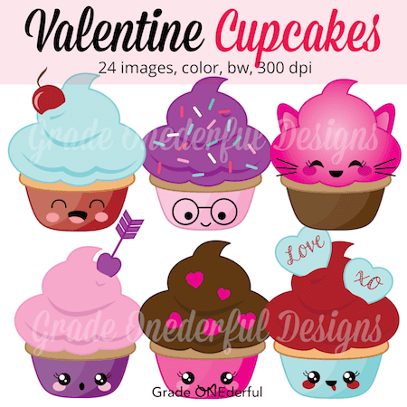 Valentine Clip Art: Kawaii Cupcakes. These adorable Kawaii cupcakes are 8 inches wide! There are SO many uses for them, including bulletin boards, stickers, worksheets, games, Valentine cards, posters, graphing ... you name it!  They not only come in color AND black & white, but you have a choice of faces and no faces.