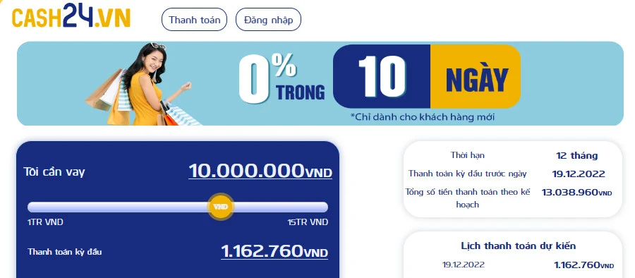 Cash24 vay lần đầu được bao nhiêu?