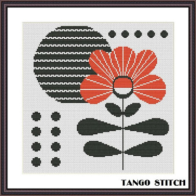 Orange abstract flower cross stitch embroidery - Tango Stitch