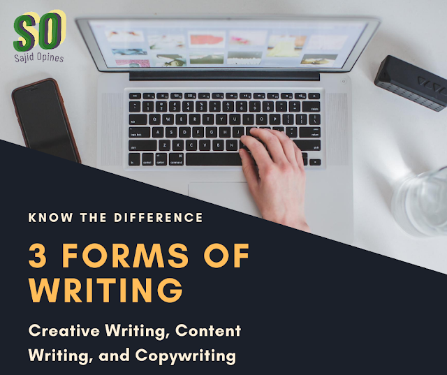 Three forms of writing poster. Forms include Creative Writing, Content Writing, and Copywriting