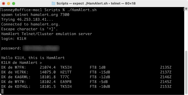 HamAlert telnet session