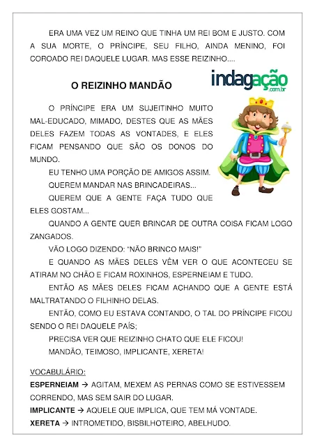 Atividade com Texto O Reizinho Mandão; PDF Grátis