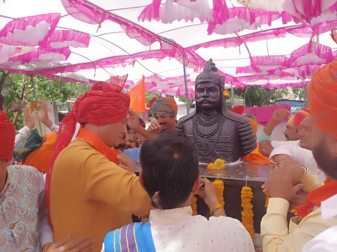 ग्राम कंकराज मैं राजवाड़ा चौक पर वीर शिरोमणि महाराणा प्रताप की मूर्ति का अनावरण Unveiling of the statue of Veer Shiromani Maharana Pratap at Rajwada Chowk in village Kankraj