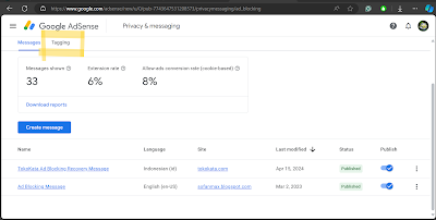 find the tag code for AdSense ad blocking recovery message