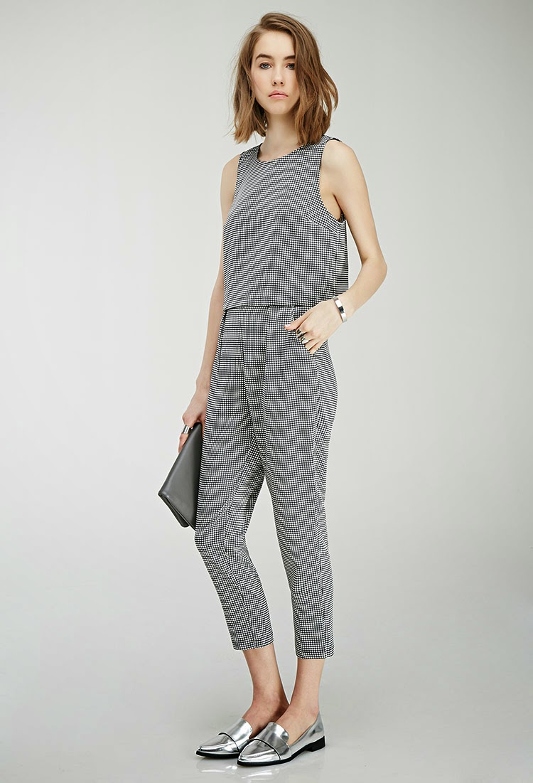 Matching Black and White Gingham Checker Windowpane Crop Top and Cropped Pants Set