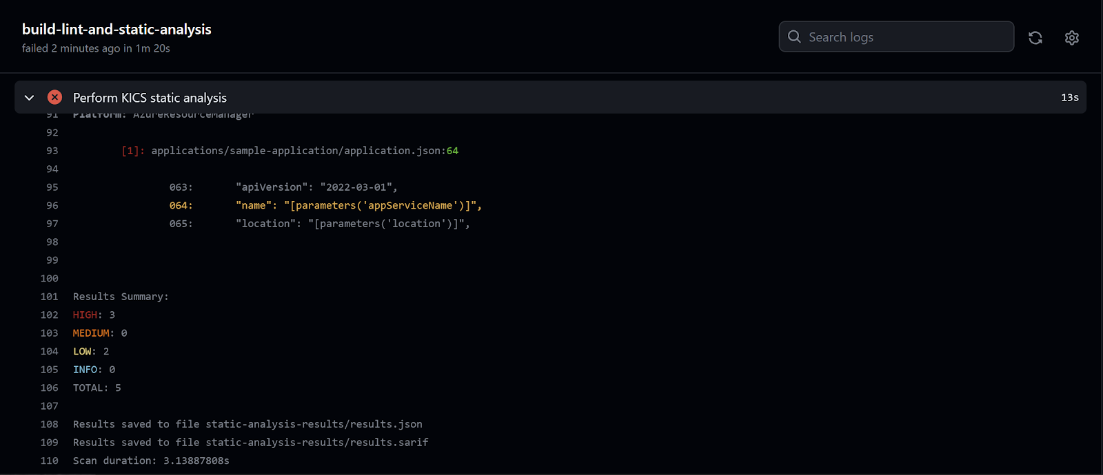 Continuous Integration (Sample Application) workflow - output of Perform KICS static analysis step