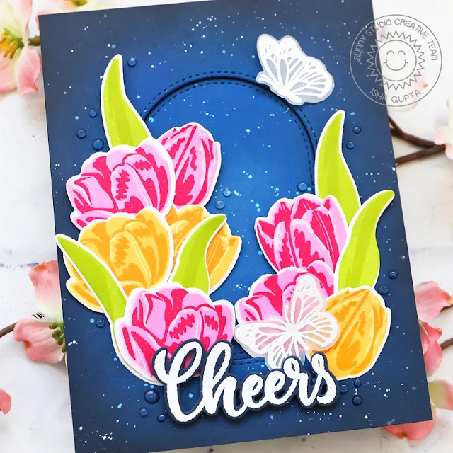 Sunny Studio Stamps: Tranquil Tulips Card by Isha Gupta (featuring Stitched Arch Dies, Big Bold Greetings, Watering Can)