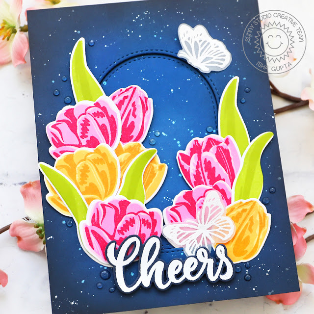 Sunny Studio Stamps: Tranquil Tulips Card by Isha Gupta (featuring Stitched Arch Dies, Big Bold Greetings, Watering Can)