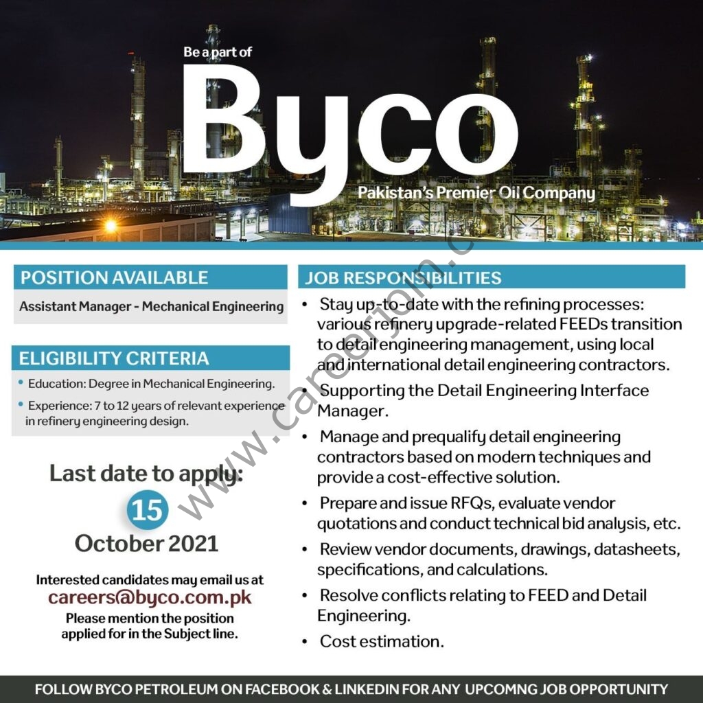 careers@byco.com.pk - Byco Petroleum Pakistan Ltd Jobs 2021 in Pakistan