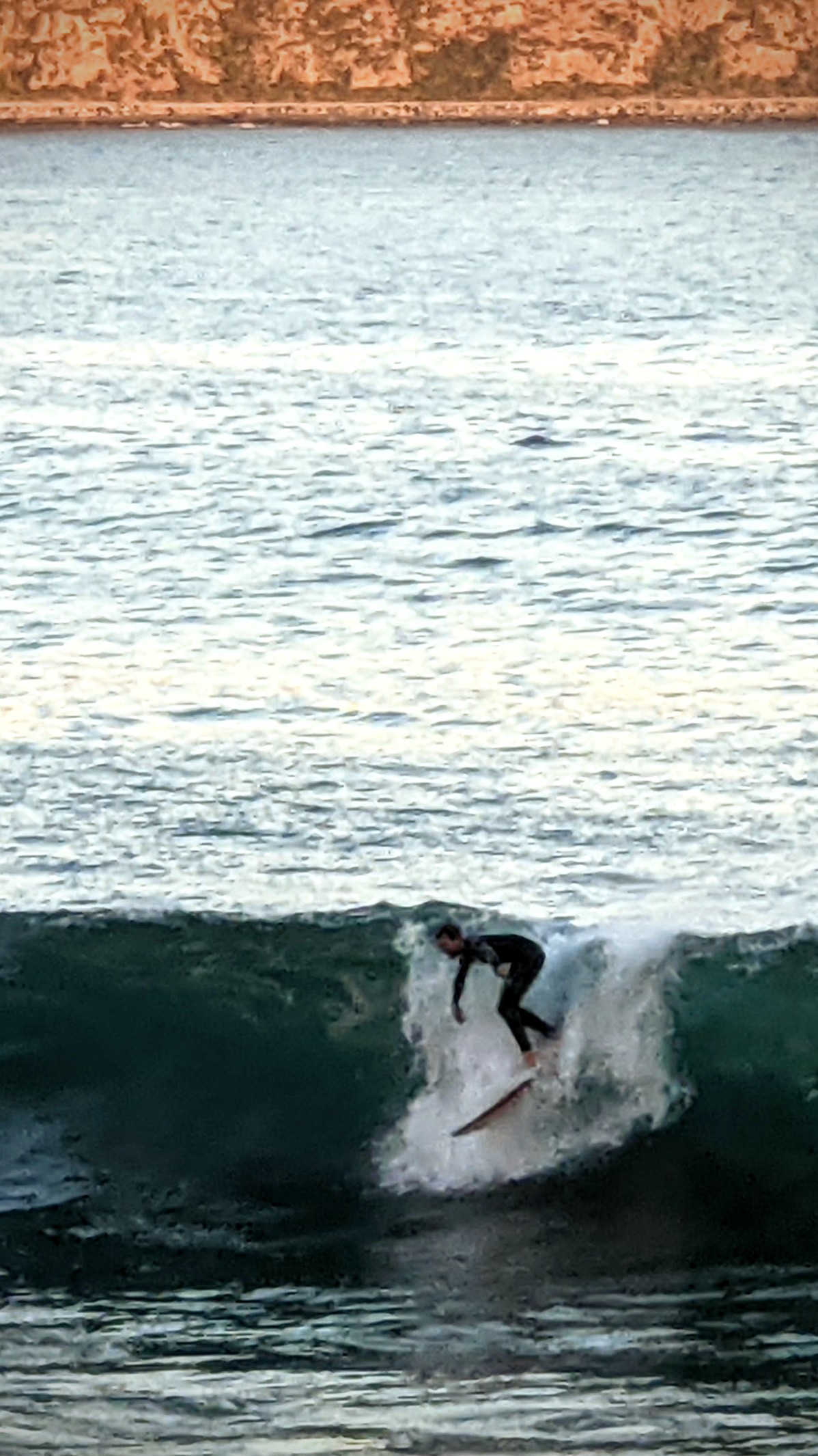 Surfer rides a wave at Breaker Bay with the golden sunset hills in the distance