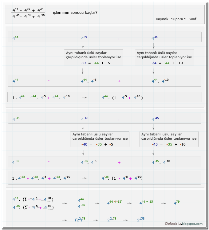 Örnek Soru - 7 » Üslü sayılarda » toplama, çıkarma ve paranteze alma (Kaynak: Supara 9. Sınıf).