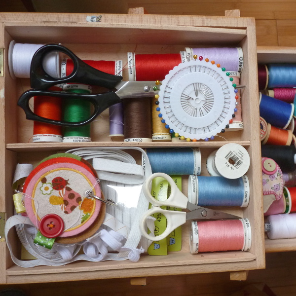 Sewing basket with threads, needles, pins, scissors, elastic and more craftymarie