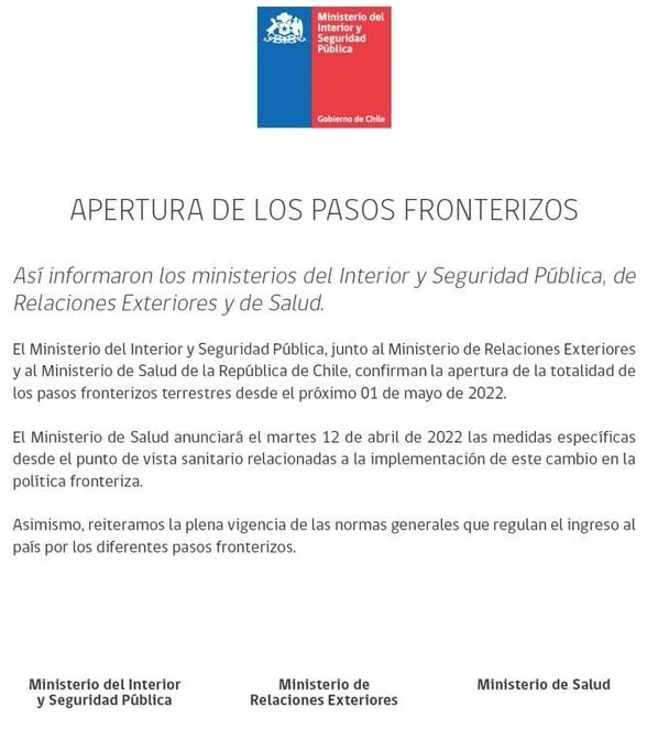 Apertura de los pasos fronterizos terrestres