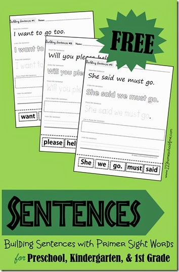 FREE Building Sentences - Learning about Sentences by Building them with Primer Sight Words for Preschool Kindergarten 1st grade (trace, read, write, cut and paste) 