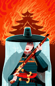 An illustration of a samurai in front of a burning pagoda, looking intense